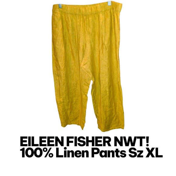EILEEN FISHER NWT XL 100% Organic Linen Mustard Wide Leg Pull On Pants MSRP $218 - Picture 1 of 5